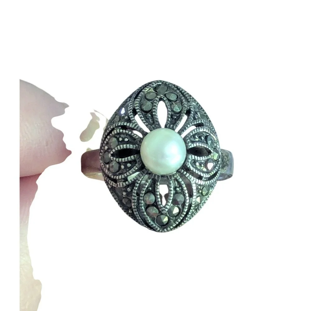 Art Deco 925‎ Marcasite Pearl Filigree Ring Size 10 VTG Estate Sterling Silver